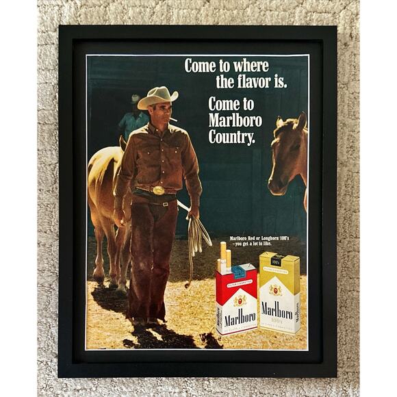 Framed 1968 Marlboro Cigarettes Vintage Print Ad Red Longhorn 100's Marlboro - Picture 1 of 2